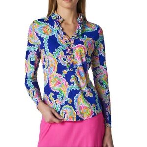 G Lifestyle UPF 50+ Ruffle V Neck Top 
Long Sleeve - Medium